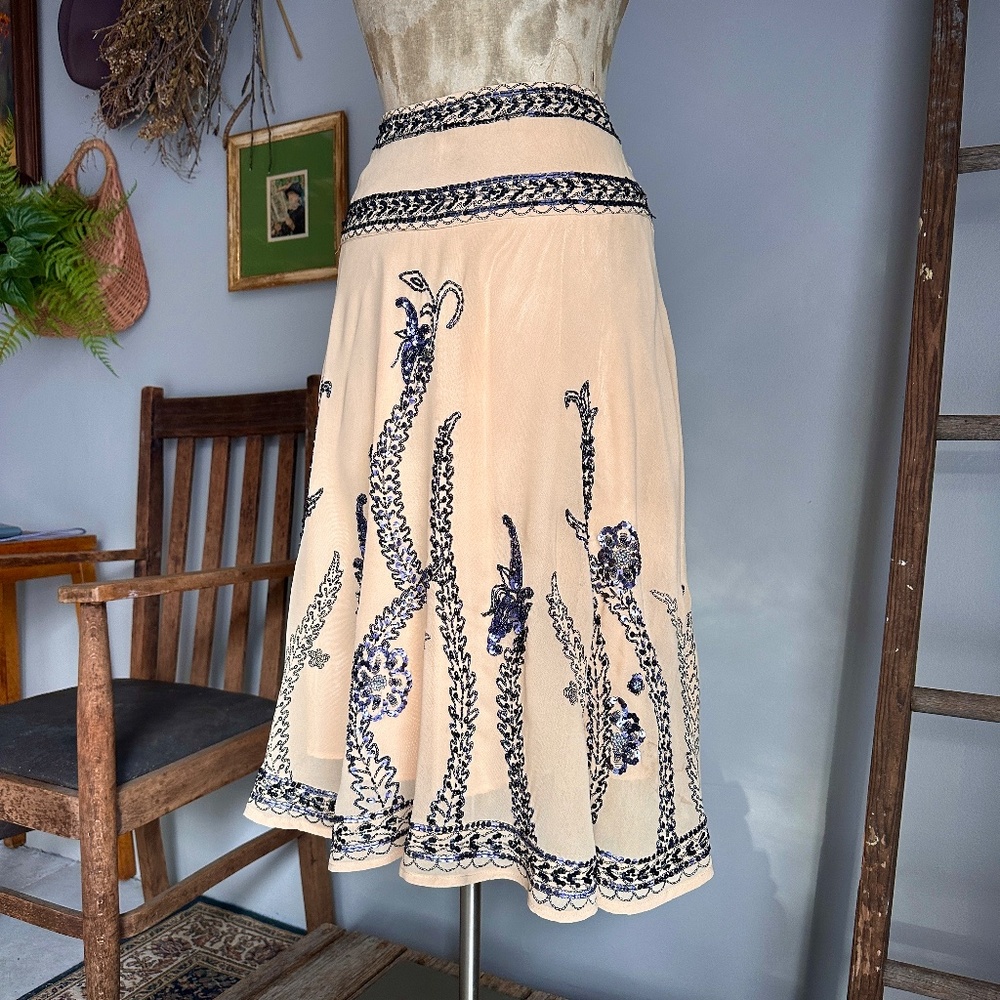 90's ANTHROPOLOGIE BASIL & MAUDE BLACK SEQUIN BEADED CHIFFON SKIRT - Picture 4 of 10